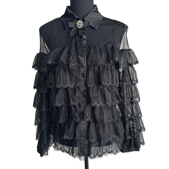 🖤Victorian Gothic Lace Ruffle Blouse | Sheer Black Romantic Tiered Top Size M - Picture 7 of 14